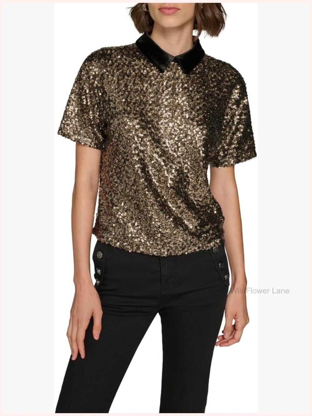 Collared Sequin Top Short Sleeve Pull On Classic Fit